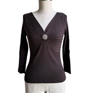 Votre Nom Brown Silk Blend Knit Top Removable Brooch Size S